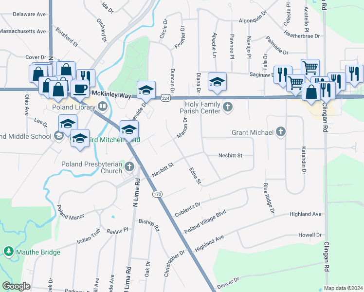 map of restaurants, bars, coffee shops, grocery stores, and more near 195 Edna Street in Poland