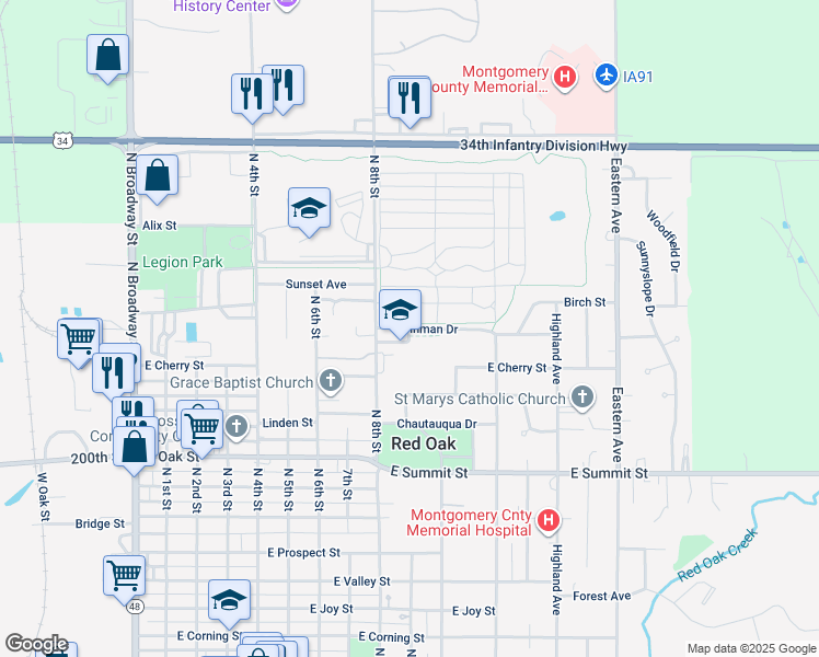 map of restaurants, bars, coffee shops, grocery stores, and more near 1207 Inman Drive in Red Oak
