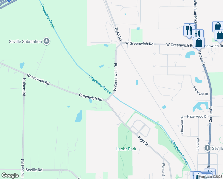 map of restaurants, bars, coffee shops, grocery stores, and more near 5169 Greenwich Road in Seville