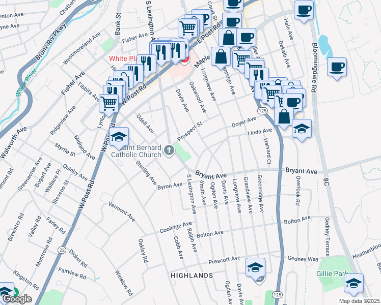 map of restaurants, bars, coffee shops, grocery stores, and more near 7 Bursley Place in White Plains