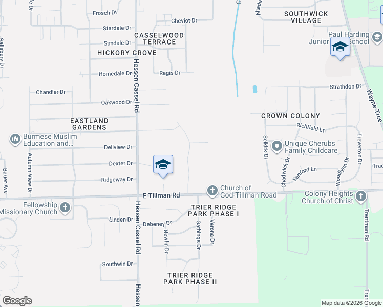 map of restaurants, bars, coffee shops, grocery stores, and more near Dexter Drive in Fort Wayne