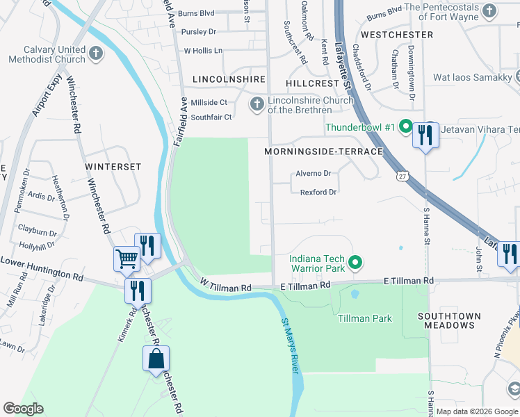 map of restaurants, bars, coffee shops, grocery stores, and more near 115 Kenosha Blvd in Fort Wayne