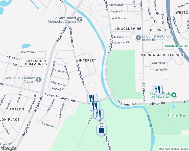 map of restaurants, bars, coffee shops, grocery stores, and more near 621 Nightfall Road in Fort Wayne