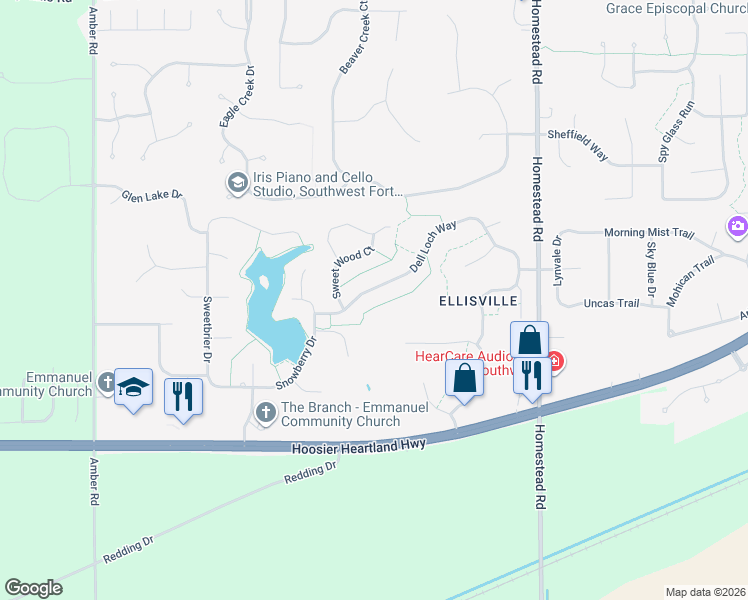 map of restaurants, bars, coffee shops, grocery stores, and more near 11413 Dell Loch Way in Fort Wayne