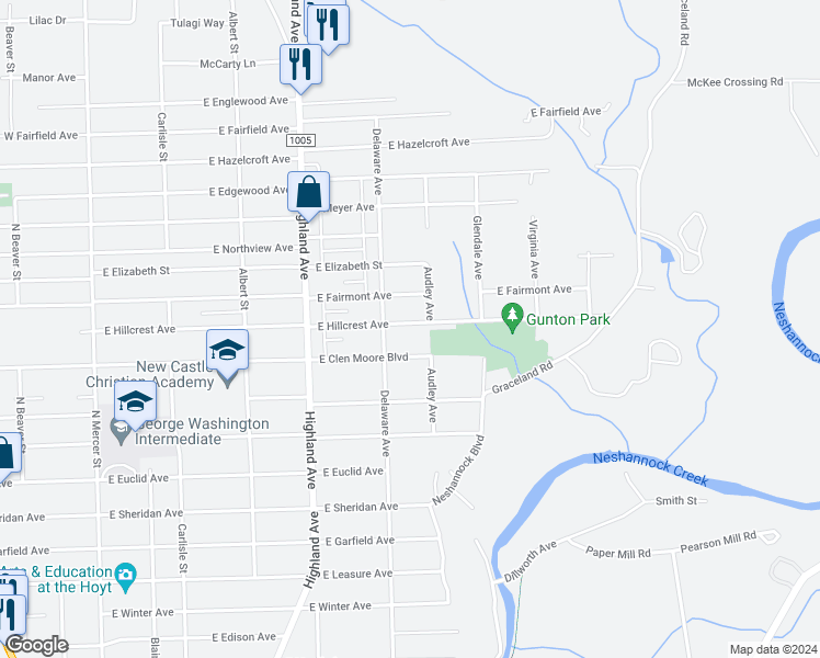 map of restaurants, bars, coffee shops, grocery stores, and more near 512 East Hillcrest Avenue in New Castle