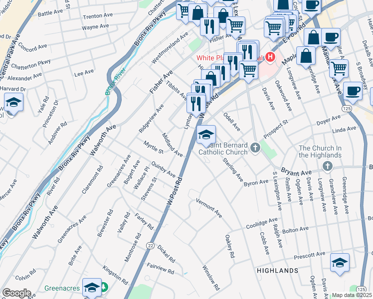 map of restaurants, bars, coffee shops, grocery stores, and more near 184 West Post Road in White Plains