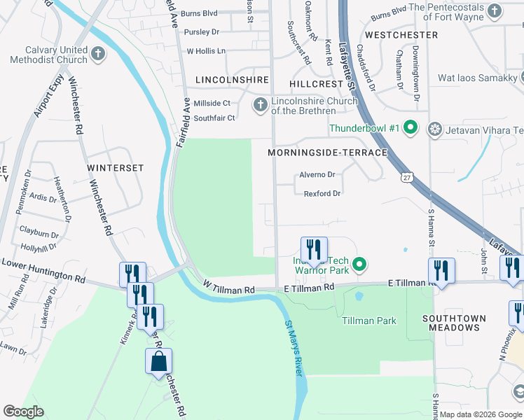 map of restaurants, bars, coffee shops, grocery stores, and more near 115 Kenosha Boulevard in Fort Wayne