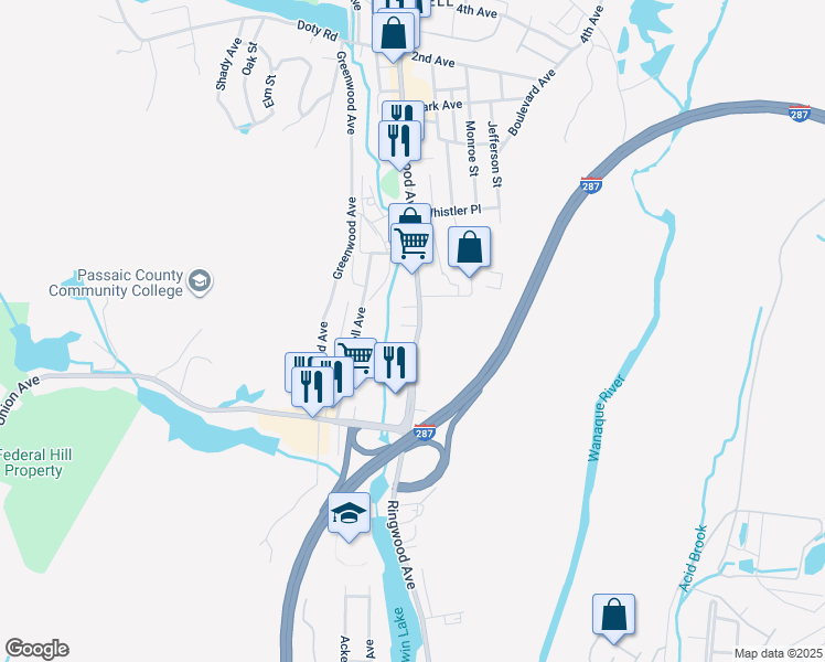map of restaurants, bars, coffee shops, grocery stores, and more near 1301 Ringwood Avenue in Wanaque