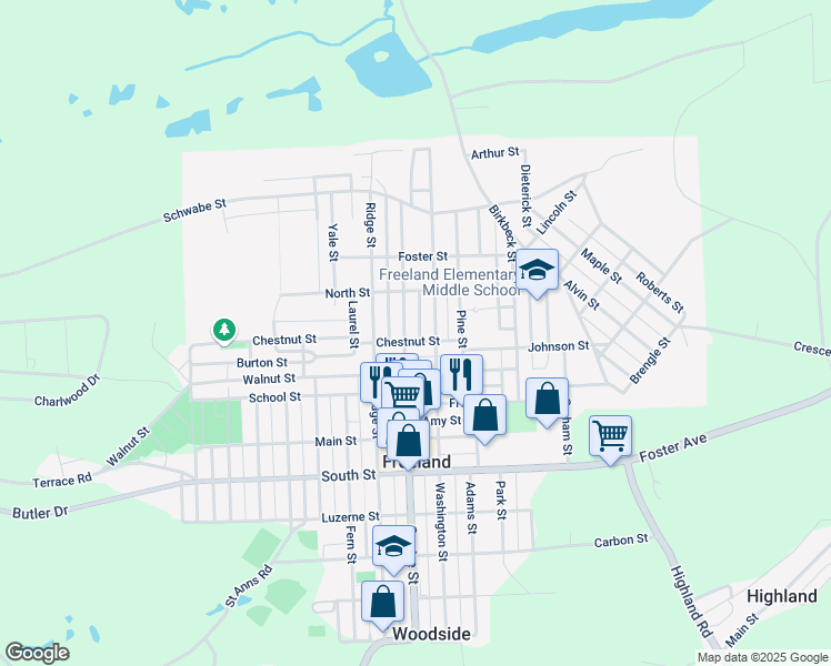 map of restaurants, bars, coffee shops, grocery stores, and more near 917 Centre Street in Freeland