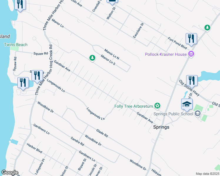 map of restaurants, bars, coffee shops, grocery stores, and more near 8 10th Street in East Hampton