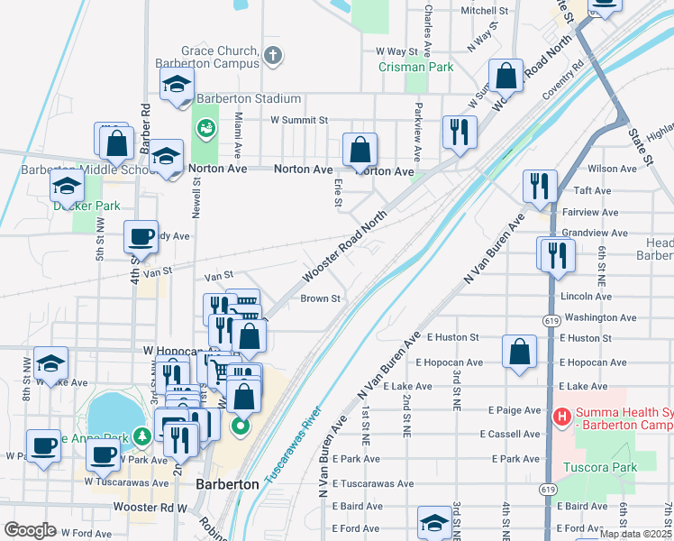 map of restaurants, bars, coffee shops, grocery stores, and more near 77 Antles Avenue in Barberton