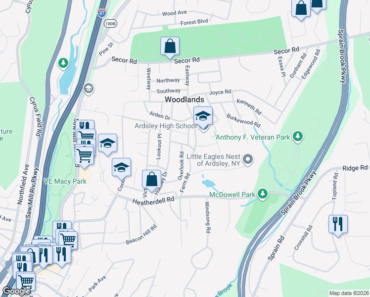 map of restaurants, bars, coffee shops, grocery stores, and more near 33 Overlook Road in Ardsley