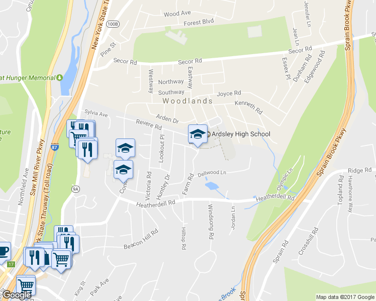 map of restaurants, bars, coffee shops, grocery stores, and more near 33 Overlook Road in Ardsley