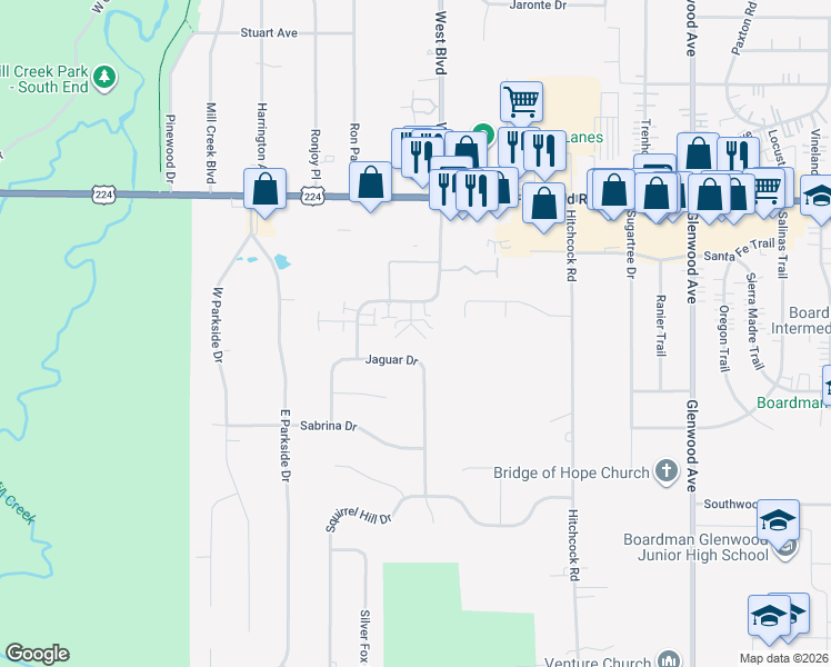 map of restaurants, bars, coffee shops, grocery stores, and more near 7385 Bonnie Place in Youngstown