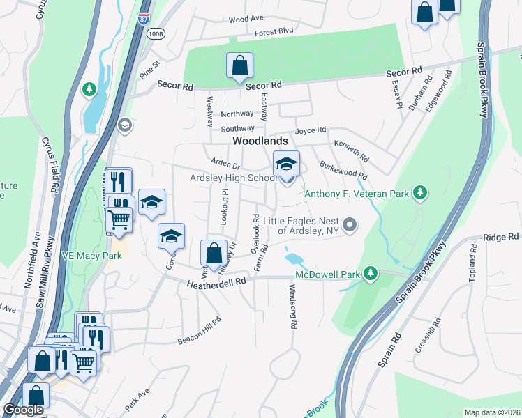 map of restaurants, bars, coffee shops, grocery stores, and more near 33 Overlook Road in Ardsley
