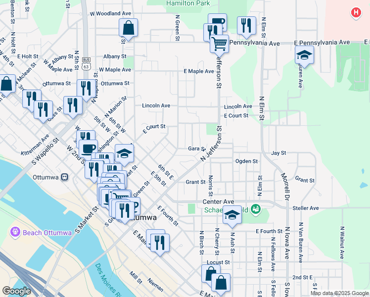 map of restaurants, bars, coffee shops, grocery stores, and more near 304 Gara St in Ottumwa