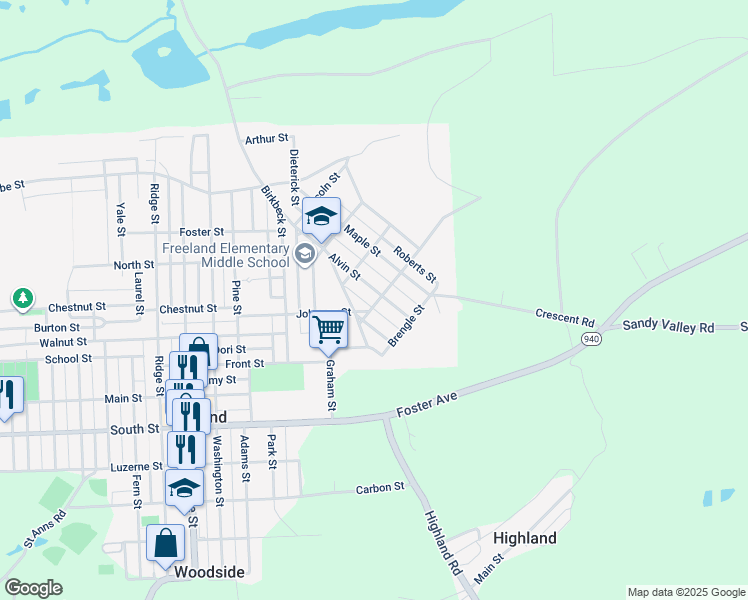 map of restaurants, bars, coffee shops, grocery stores, and more near 202 Alvin Street in Freeland