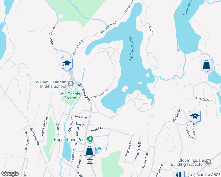 map of restaurants, bars, coffee shops, grocery stores, and more near 148 Pine Tree Road in Bloomingdale