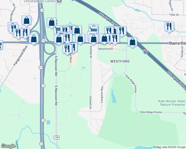 map of restaurants, bars, coffee shops, grocery stores, and more near 6781 Summit Drive in Canfield
