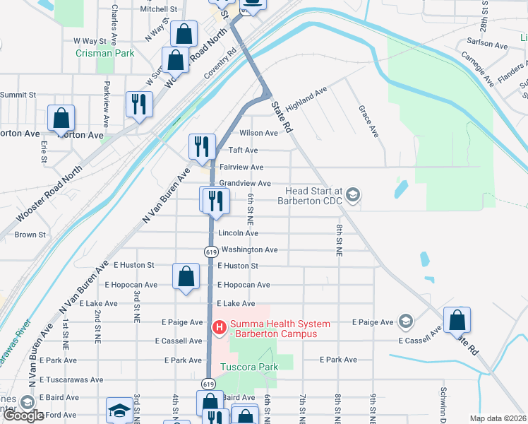 map of restaurants, bars, coffee shops, grocery stores, and more near 529 Franklin Ave in Barberton