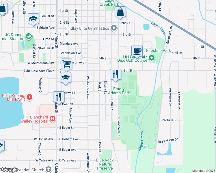 map of restaurants, bars, coffee shops, grocery stores, and more near 1616 Sherry Street in Findlay