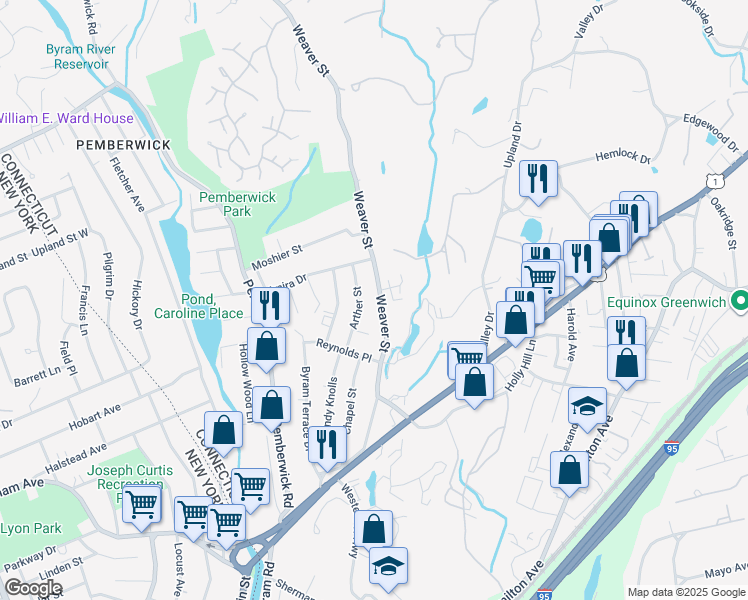 map of restaurants, bars, coffee shops, grocery stores, and more near 68 Weaver Street in Greenwich
