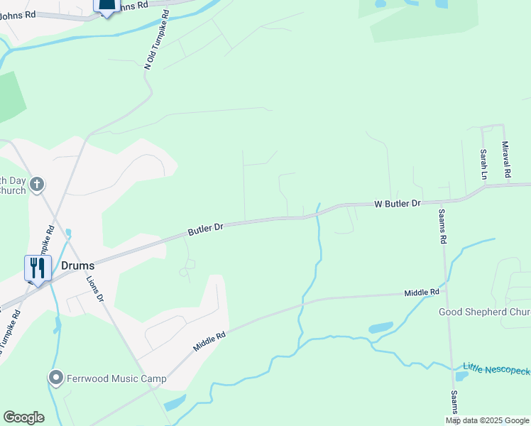 map of restaurants, bars, coffee shops, grocery stores, and more near 213 West Butler Drive in Drums