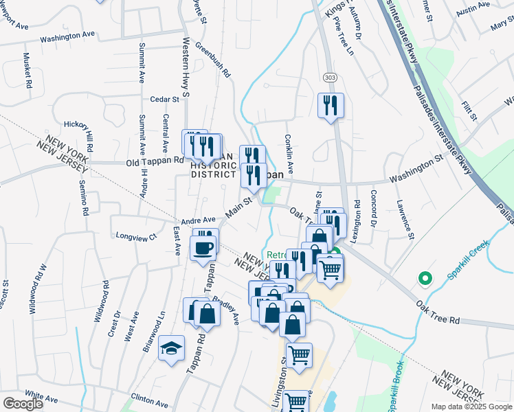 map of restaurants, bars, coffee shops, grocery stores, and more near 2 Van Wardt Place in Tappan