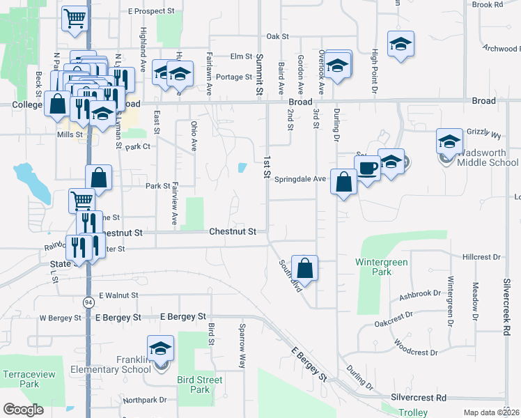 map of restaurants, bars, coffee shops, grocery stores, and more near 259 1st Street in Wadsworth