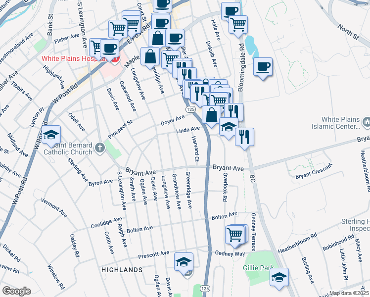 map of restaurants, bars, coffee shops, grocery stores, and more near 73 Greenridge Avenue in White Plains
