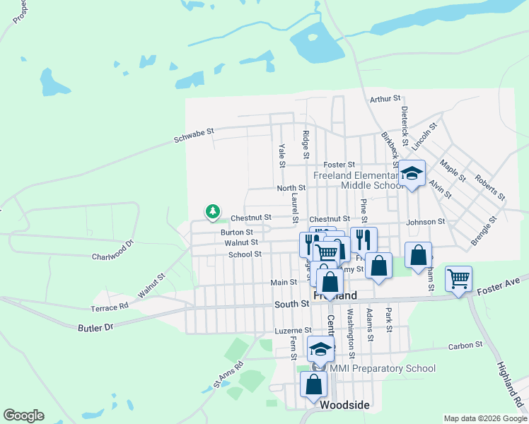 map of restaurants, bars, coffee shops, grocery stores, and more near 947 Chestnut St in Freeland