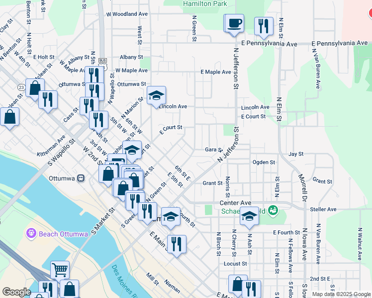 map of restaurants, bars, coffee shops, grocery stores, and more near 216 Gara Street in Ottumwa