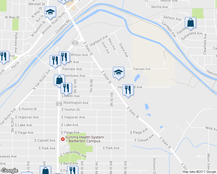 map of restaurants, bars, coffee shops, grocery stores, and more near 651 Franklin Avenue in Barberton