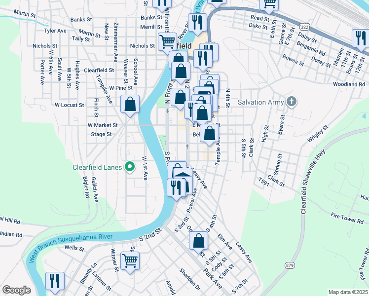 map of restaurants, bars, coffee shops, grocery stores, and more near 105 South 2nd Street in Clearfield