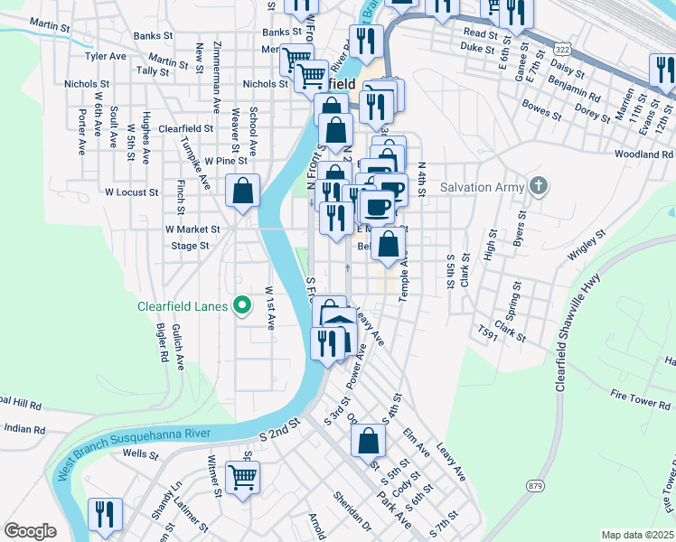 map of restaurants, bars, coffee shops, grocery stores, and more near 105 South 2nd Street in Clearfield