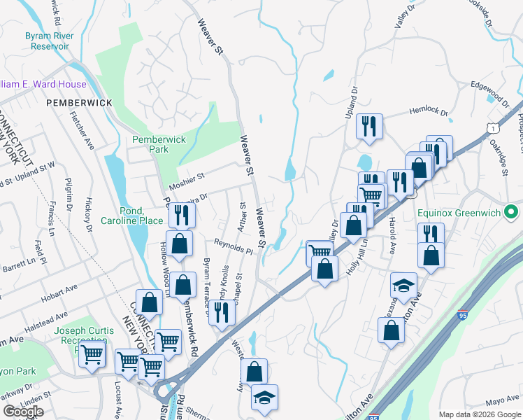 map of restaurants, bars, coffee shops, grocery stores, and more near 68 Weaver Street in Greenwich