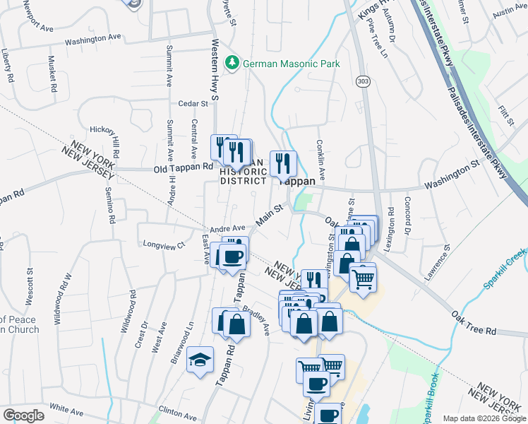 map of restaurants, bars, coffee shops, grocery stores, and more near 76 Charles Street in Tappan