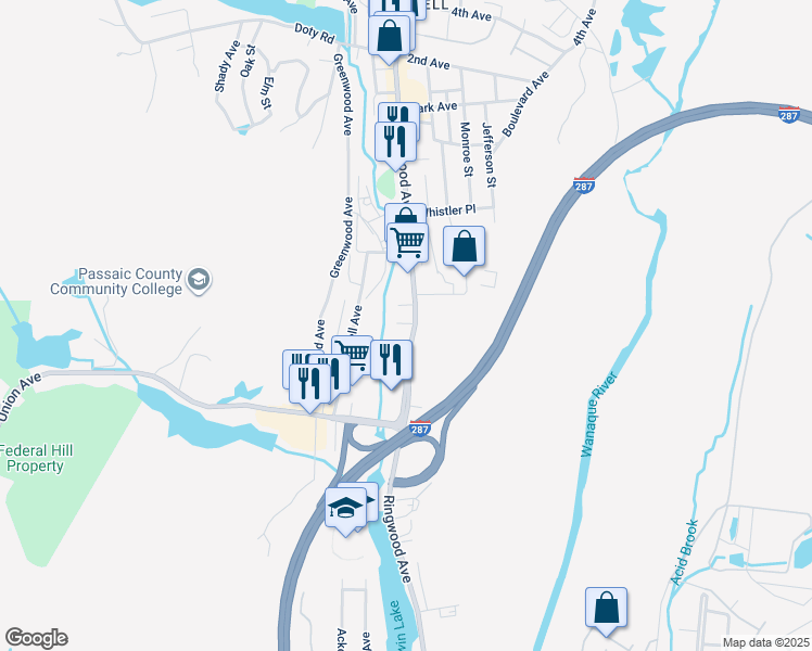 map of restaurants, bars, coffee shops, grocery stores, and more near 1301 Ringwood Avenue in Wanaque