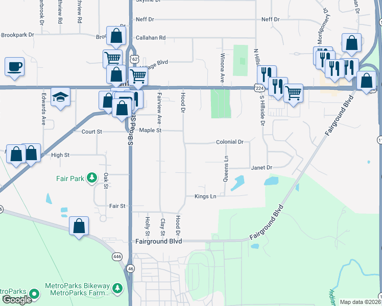 map of restaurants, bars, coffee shops, grocery stores, and more near 131 Hood Drive in Canfield