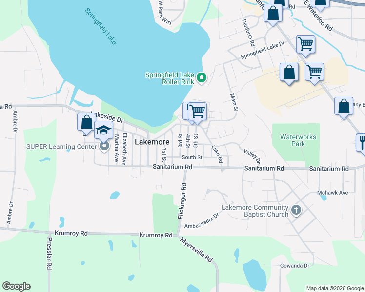 map of restaurants, bars, coffee shops, grocery stores, and more near 1498 3rd Street in Lakemore