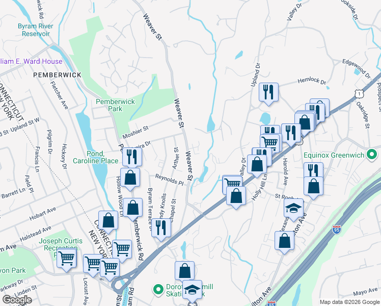 map of restaurants, bars, coffee shops, grocery stores, and more near 68 Weaver Street in Greenwich
