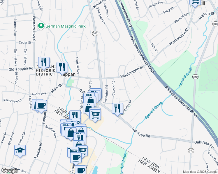 map of restaurants, bars, coffee shops, grocery stores, and more near 32 Concord Drive in Tappan