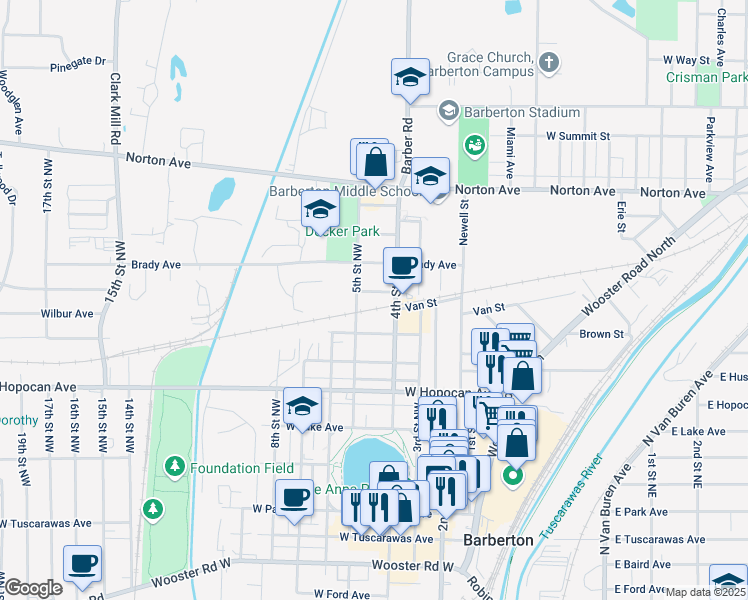 map of restaurants, bars, coffee shops, grocery stores, and more near 572 Rubber St in Barberton
