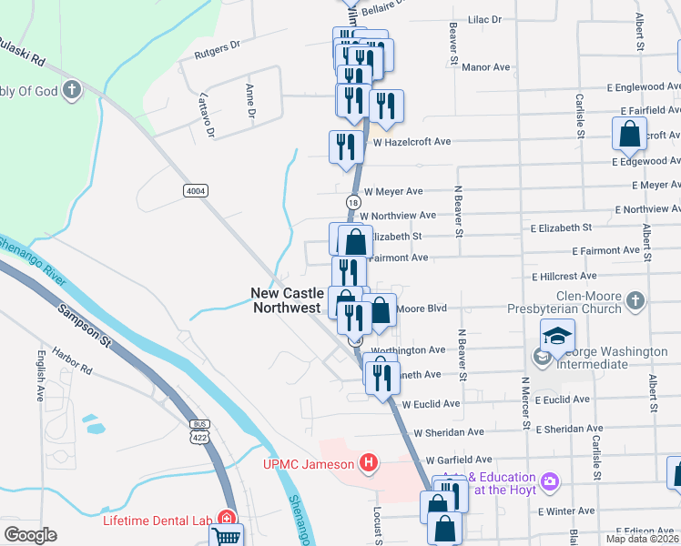 map of restaurants, bars, coffee shops, grocery stores, and more near 1905 Wilmington Road in New Castle