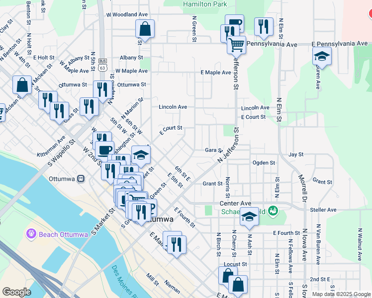 map of restaurants, bars, coffee shops, grocery stores, and more near 216 Gara Street in Ottumwa