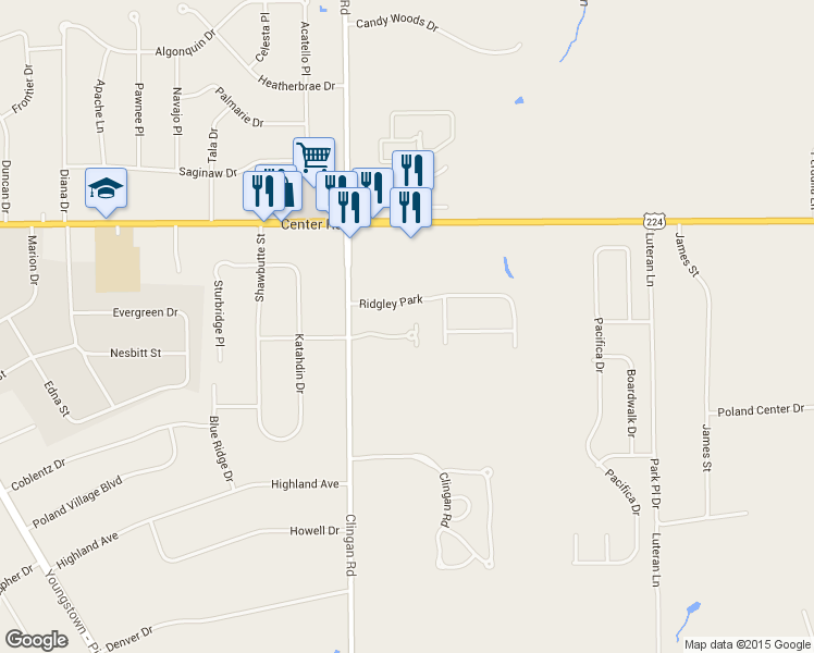 map of restaurants, bars, coffee shops, grocery stores, and more near 6695 Clingan Road in Youngstown