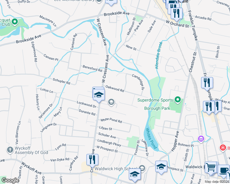 map of restaurants, bars, coffee shops, grocery stores, and more near 33 Oakwood Road in Allendale