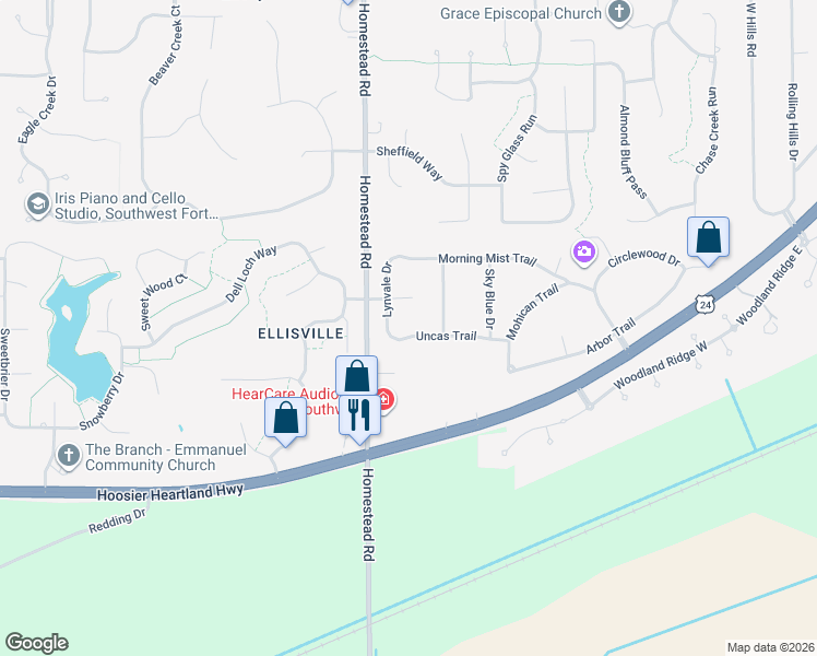 map of restaurants, bars, coffee shops, grocery stores, and more near 10812 Uncas Trail in Fort Wayne