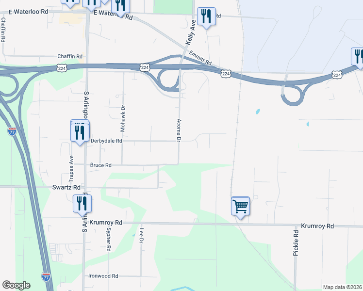 map of restaurants, bars, coffee shops, grocery stores, and more near 1625 Acoma Drive in Akron
