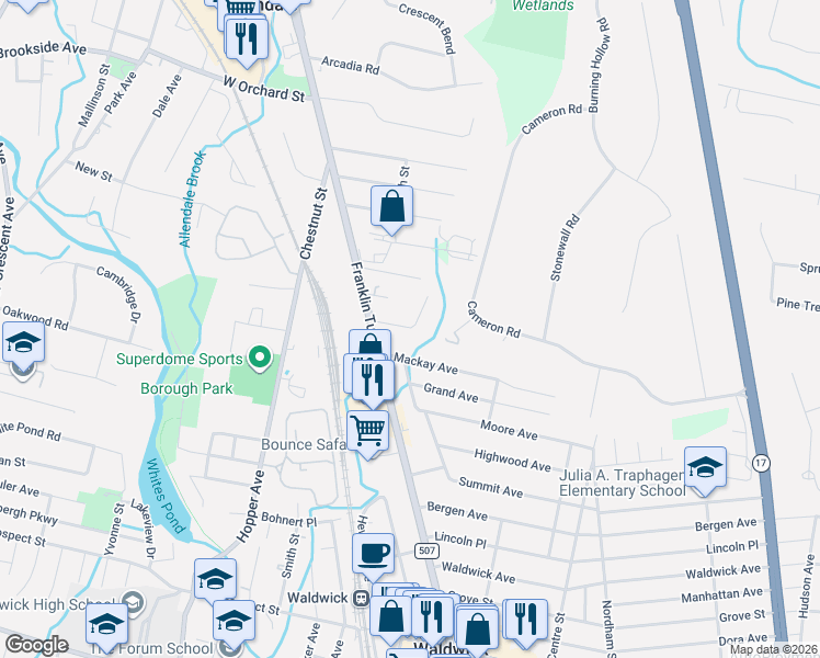 map of restaurants, bars, coffee shops, grocery stores, and more near 14 Waibel Drive in Allendale